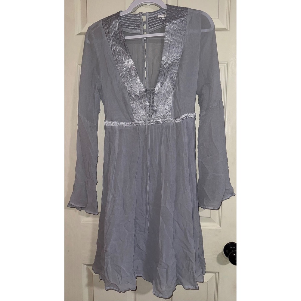 Ghost‎ London Lavender Grey Satin Trim Lace Up Bell Sleeve Mini Dress Small